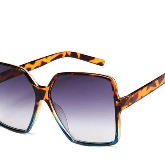 Womens Leopard Blue Square Oversized Sunglasses Colorful Frame Lat Top Lens - Picture 4 of 4